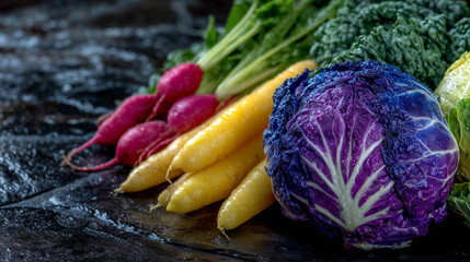 Obraz premium Colorful arrangement of farm-fresh vegetables on black slate surface, natural light illuminating textures and vibrant tones