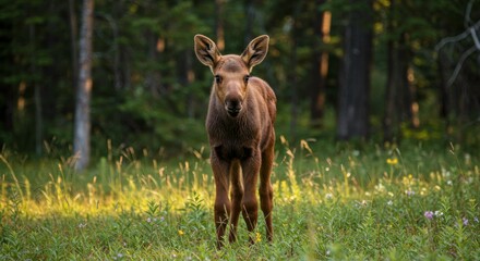 Captivating portrait of a young moose calf standing in a lush green meadow wilderness