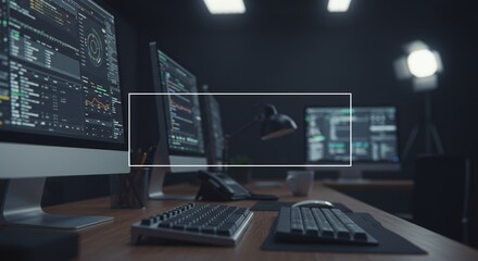 Multiple computer monitors displaying complex data graphs and coding interfaces in a dark office environment with professional lighting and high-tech electronic equipment on a wooden desk