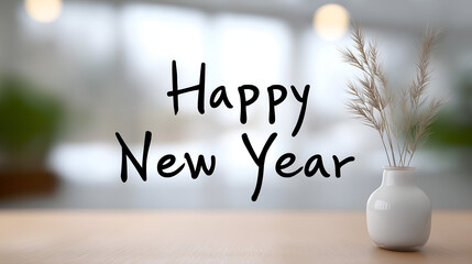 Minimalist design featuring a white vase with dried grass, elegantly placed on a wooden table, with a blurred background conveying a festive New Year atmosphere