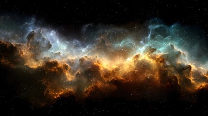 Fototapeta premium Majestic cosmos depiction showcasing a vibrant nebula composed of swirling clouds of gas and dust, illuminated by stellar radiance.