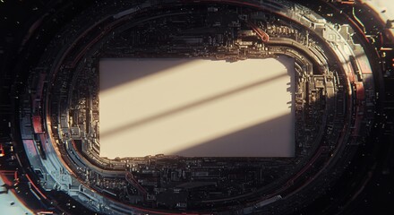 Futuristic spaceship interior with illuminated control panels and holographic displays surrounding a large central window showing a bright beam of light in space