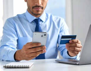man sitting on office desk holding mobile phone in one hand and credit card in another hand and trying to make a payment