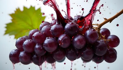 Close-up of a cluster of purple grapes with juice splashing, a leaf, and vine details