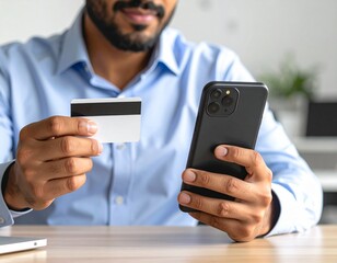 man sitting on office desk holding mobile phone in one hand and credit card in another hand and trying to make a payment