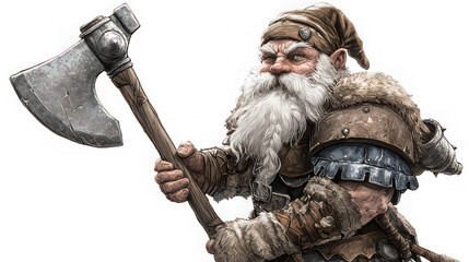 A dwarf warrior with a long white beard holding a large axe with a stern expression on his face