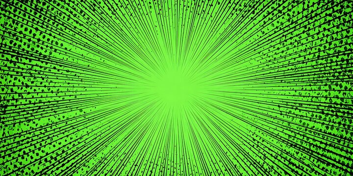 Abstract green comic background. Art pop cartoon backdrop. Halftone effect pattern. Fun anime texture. Starburst manga style bg. Mark popart radial gradient. Spiral, swirl, comic rays.