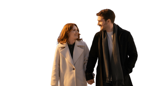 A loving couple strolling and holding hands, with sunlight lighting up their smiling faces.
