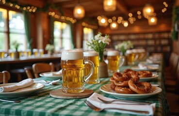 Fototapeta premium Table setting in beer garden with beer steins pretzels and checkered cloth. Festive Bavarian restaurant with wooden interior and bokeh lights. Enjoying traditional German food and drink.