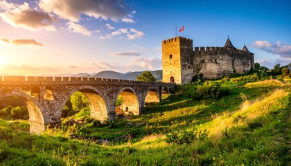 Ancient stone castle and bridge at sunset