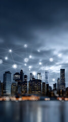 Urban skyline at dusk with digital network connections overlay, showcasing modern technology and innovation in a bustling metropolitan environment with a vibrant atmosphere