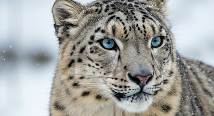 Obraz premium Close up Portrait of a Majestic Snow Leopard with Piercing Blue Eyes in Winter Landscape