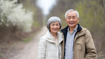 Fototapeta premium Elderly Asian couple smiling together on a scenic nature path surrounded by blooming trees, enjoying a peaceful moment in the great outdoors, showcasing love and companionship