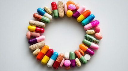 Circle of Multicolored Pills and Capsules