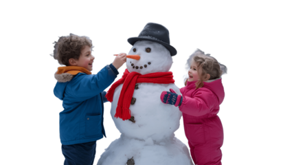 Children joyfully building snowman, winter holiday fun.