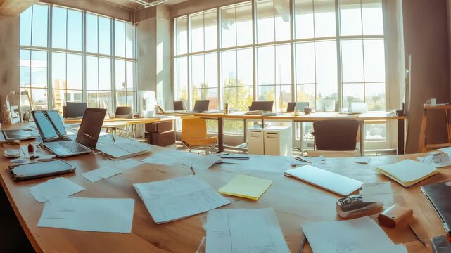 Large windows are illuminating a coworking space with laptops and documents scattered on a wooden desk in a sunny open plan office, creating a bright and productive atmosphere