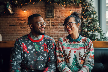Obraz premium Diverse couple celebrating christmas wearing holiday sweaters