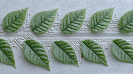 Green leaves arranged on a circuit board background, symbolizing the fusion of nature and technology, showcasing the concept of sustainability and innovation in design