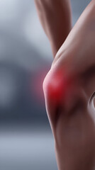 Close-up of a human knee joint with visible inflammation, showcasing skin texture and anatomical details, emphasizing health concerns related to joint pain and mobility issues