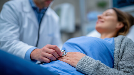 Fototapeta premium Close-up of medical professionalâs hands holding stethoscope on patientâs abdomen, woman lying on exam table, calm healthcare environment