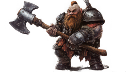A dwarf warrior with a mohawk and a large beard holding a double bladed axe in a menacing pose