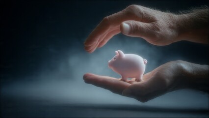 Close-Up View of Hands Gently Holding a Piggy Bank on a Dark Background