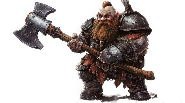 A dwarf warrior with a mohawk and a large beard holding a double bladed axe in a menacing pose