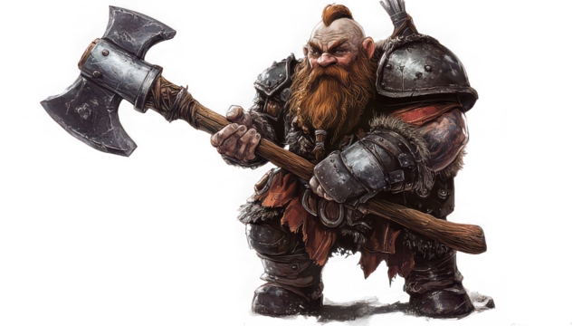 A dwarf warrior with a mohawk and a large beard holding a double bladed axe in a menacing pose