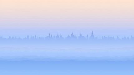 Simplified outline of city buildings fading into colorful evening sky with soft gradient