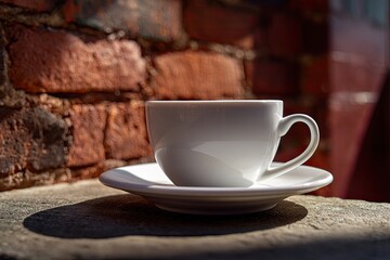 Fototapeta premium White coffee cup on saucer, brick wall backdrop, morning sunlight