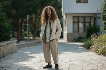 Obraz premium Casual caucasian male with long hair standing outdoors in natural light