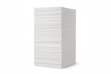 Tall stack of blank white paper sheets for office, printing, and paperwork concepts, transparent background