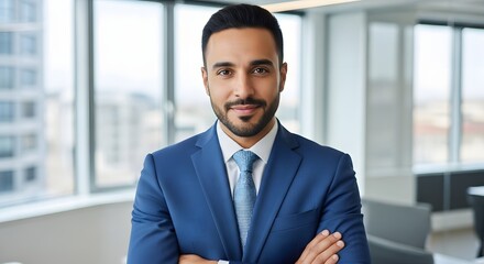 Fototapeta na wymiar Portrait of a man in a blue suit with arms crossed in front of a window in an office setting