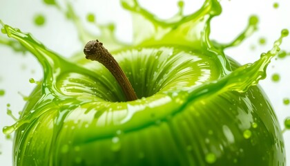 A close-up of a green apple causing a vibrant, liquid splash against a white backdrop