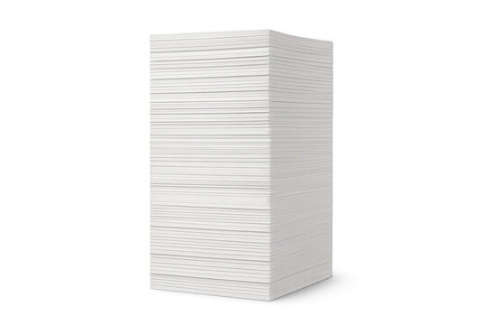 Tall stack of blank white paper sheets for office, printing, and paperwork concepts, transparent background