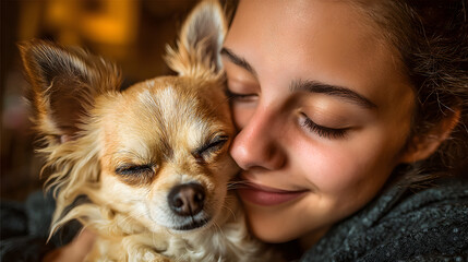 Obraz na płótnie Canvas A young woman gently pets her senior chihuahua dog in a cozy indoor setting, reflecting a moment of loving care and companionship.