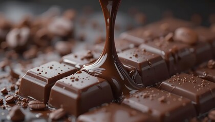 Molten, rich, dark chocolate cascades onto a textured bar, surrounded by cocoa beans & fragments
