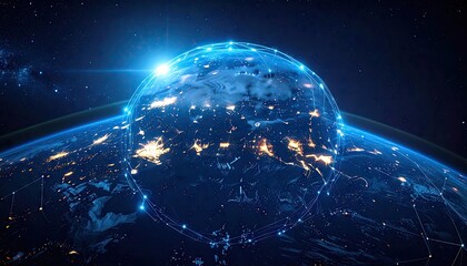 Glowing Earth at Night with City Lights and Data Network Overlay in Deep Space