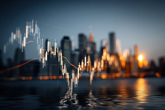 Financial data overlayed on a blurry cityscape at dusk, reflecting in rippled water