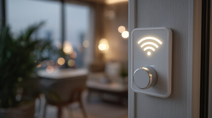 Smart home lock installed on minimalist door, glowing WiFi connectivity icon, soft warm lighting highlighting high-tech design and security features
