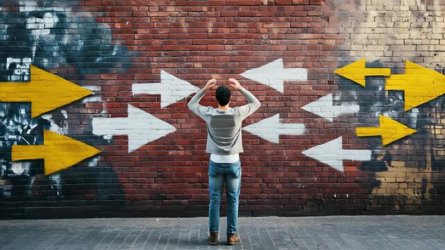 Young man standing in front of a brick wall with many white and yellow arrows pointing in different directions, showing indecision and fear of better option