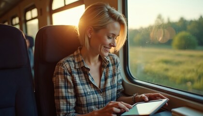 Woman enjoys ebook reader on train. She smiles while reading digital book during journey. Sunlight shines through window creating warm glow. Travel concept. Digital nomad using tech.