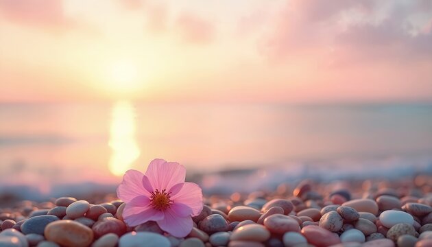 Pink flower on pebbles at peaceful beach during sunrise or sunset. Soft pastel colors of sky, calm ocean waves in background. Serene, tranquil atmosphere at seaside. Gentle light on stones, flower.