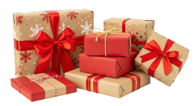 Isolated gifts for holidays like Christmas, stacked presents with bows, seasonal celebration
