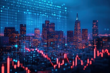 Futuristic cityscape with glowing data streams overlaid on skyscrapers, representing finance