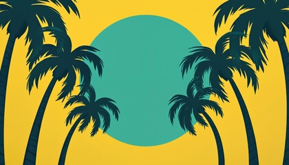Fototapeta premium Silhouetted palm trees frame a teal circle against a bright yellow background. This graphic evokes a tropical vibe, perfect for summer vacation or resort promotion.