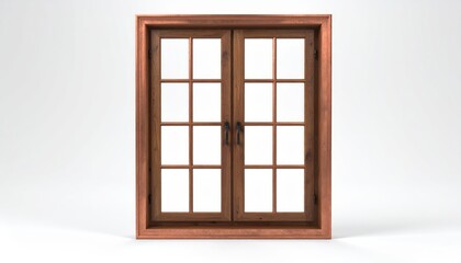 The symmetrical wooden window, featuring a classic divided-light design, is presented against a stark, plain white backdrop, emphasizing its natural wood grain and the clean lines of its form.