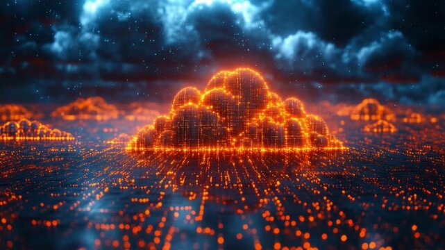 Digital Cloudscape: Abstract render depicts an ethereal digital cloudscape, where glowing orange formations hover against a backdrop of swirling blue-toned nebulas.