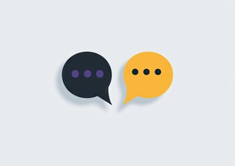Two speech bubbles, one purple and one yellow, with dots indicating an ongoing conversation, set against a light background
