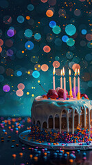 A close-up of birthday cake and candles illuminates party vibes and sparkling atmosphere. Generative AI